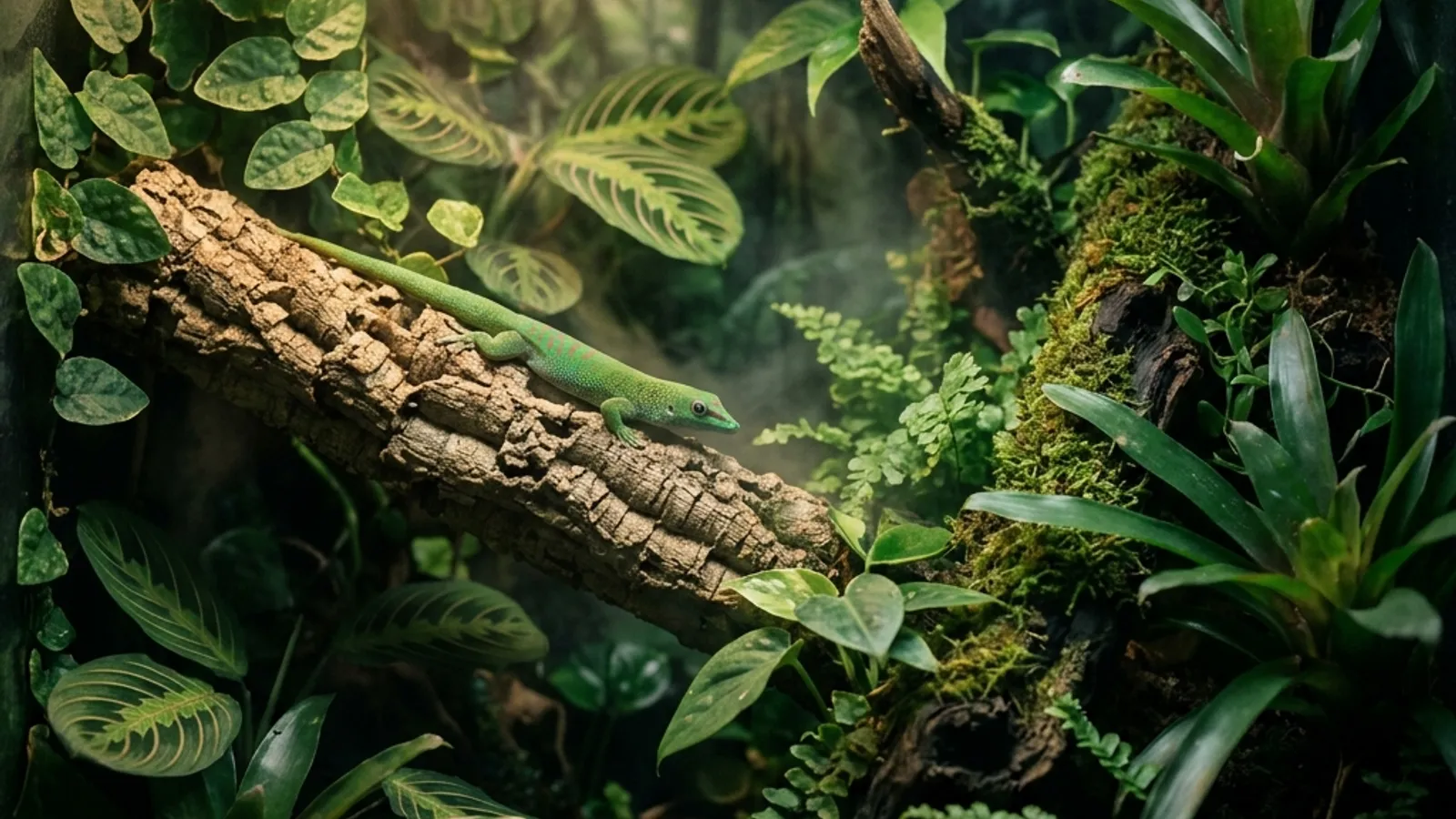 Bioaktives Regenwaldterrarium mit üppigen Pflanzen, Korkast und warmem Licht