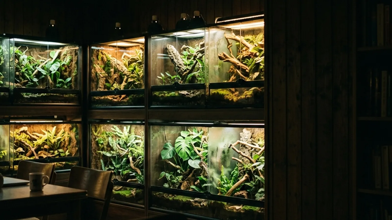Gemütlicher Raum mit mehreren beleuchteten, bepflanzten Terrarien
